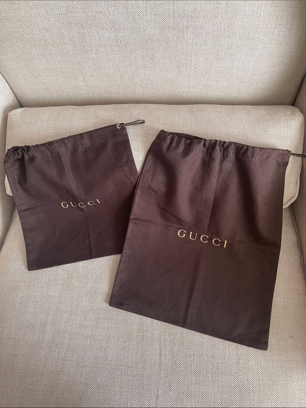 Two Gucci Brown Drawstring Dust Bags with Gold Logo